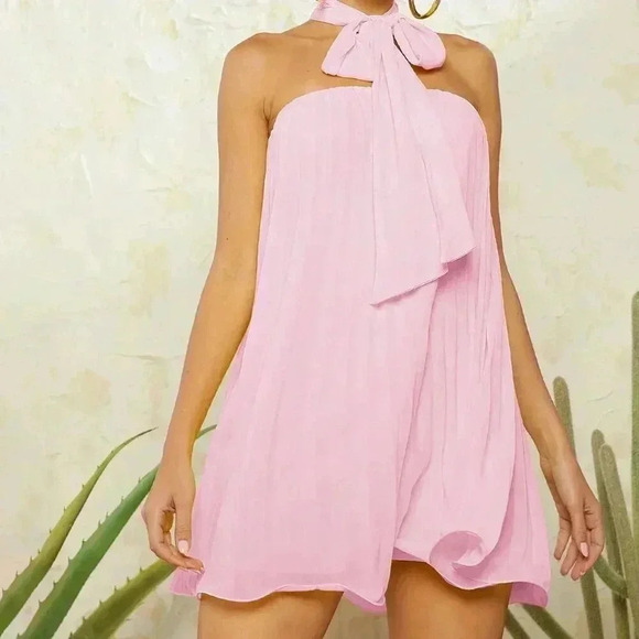 Pink Casual Women's Neck Tie Pleated Dress - Picture 4 of 8
